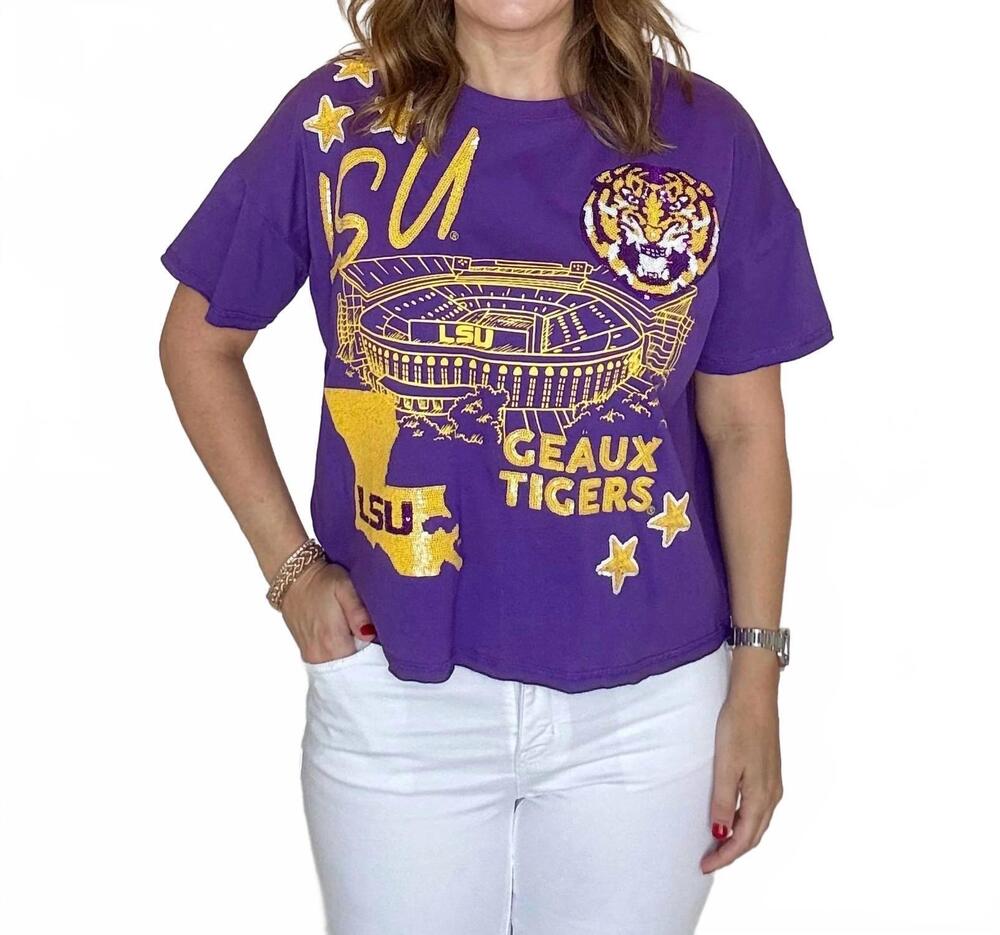 NEW STEWART SIMMONS lsu 4th quarter sequin tee in purple